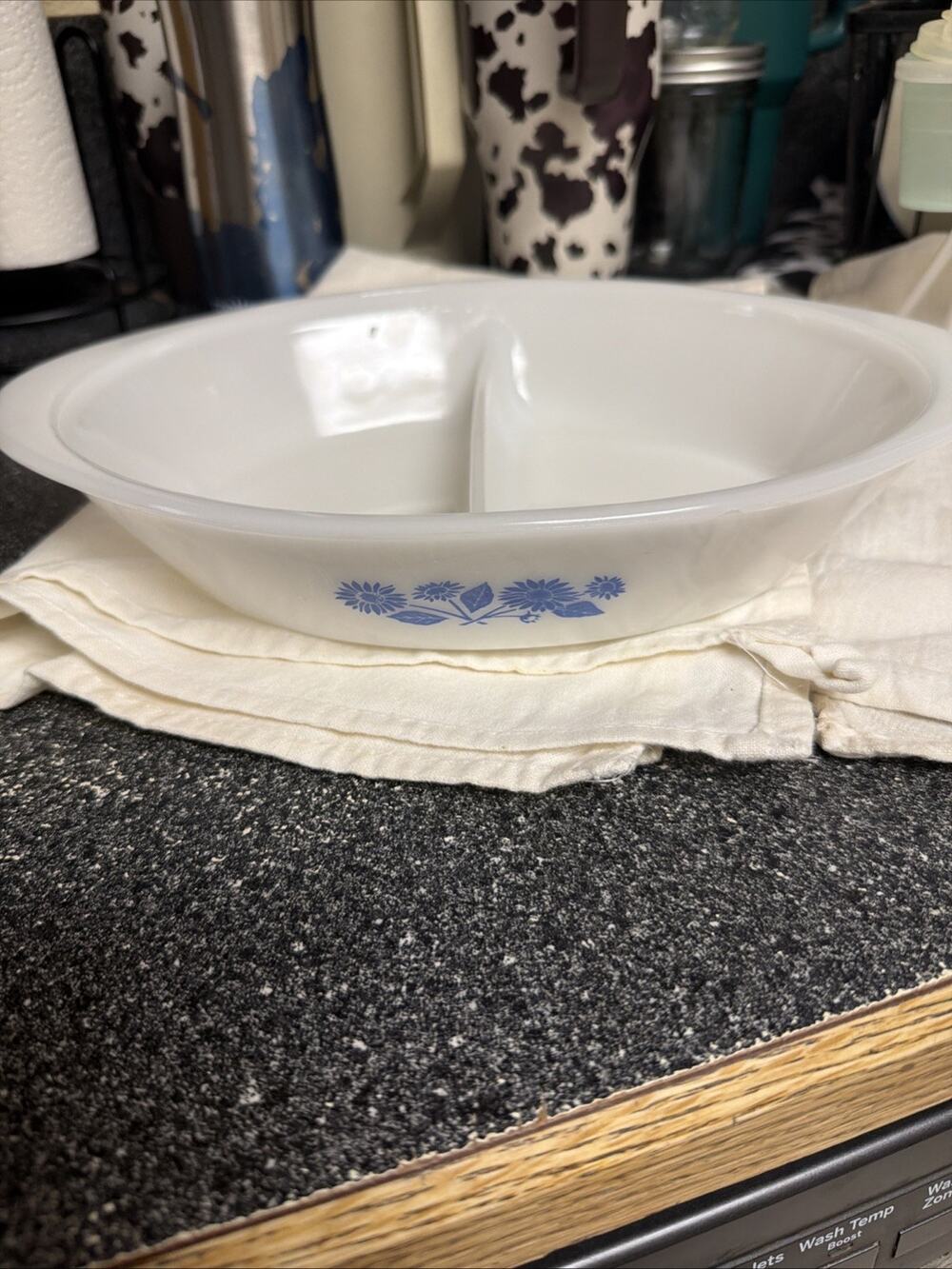 Vintage Glassbake Divided Oval Casserole Dish White Blue Floral 12x8 in #j2352
